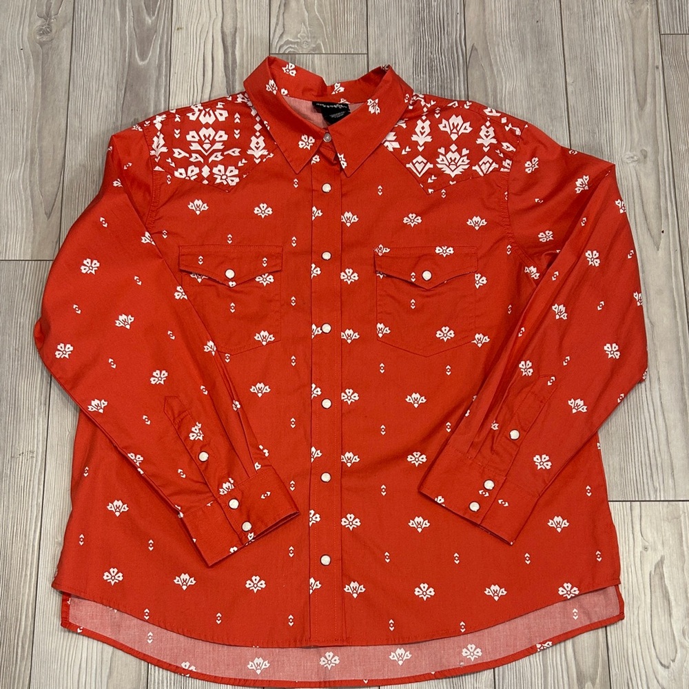 New Women Wrangler Retro Red Shirt Western White Pattern Pearl Snap Buttons LG